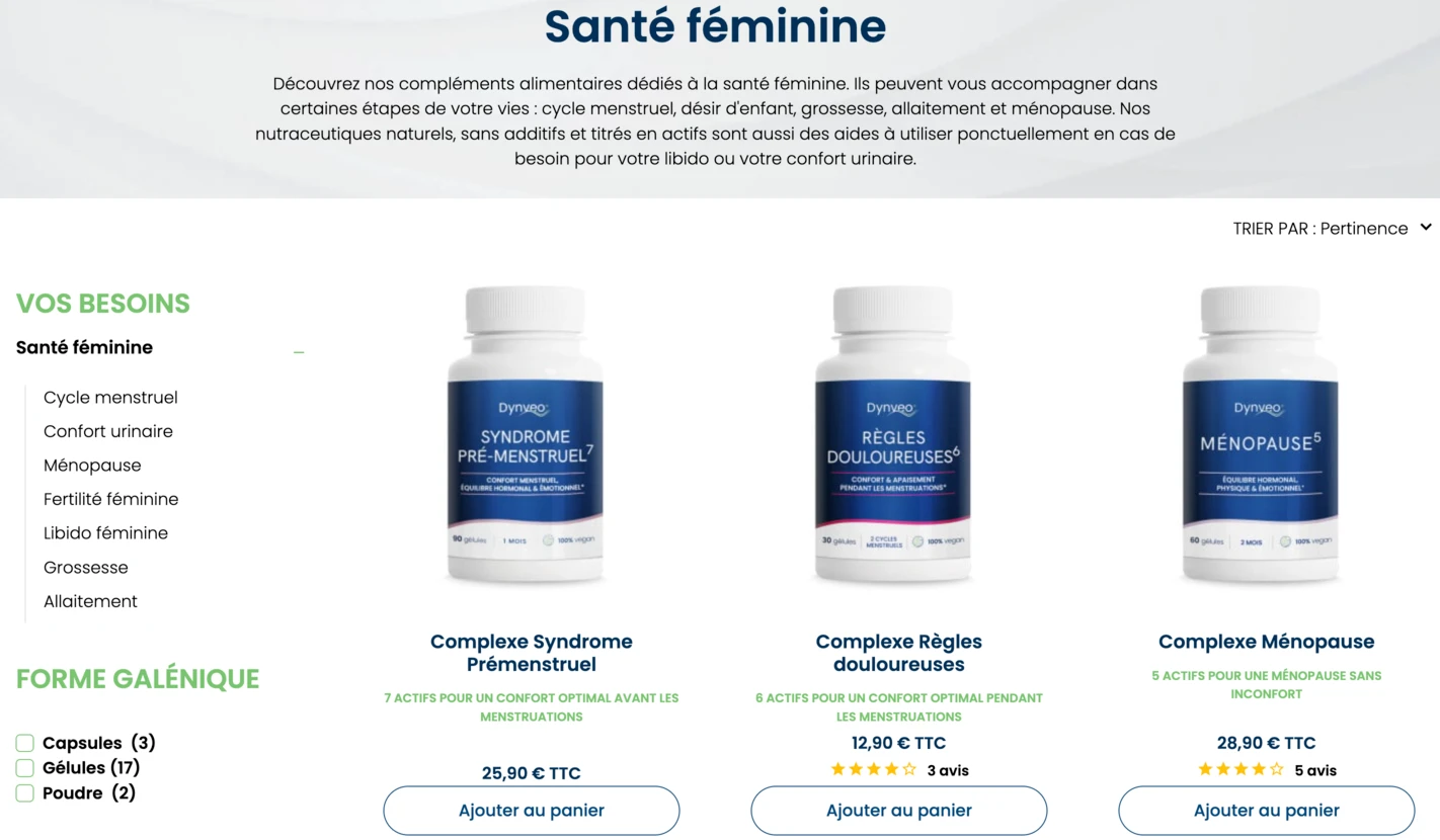 Mon avis produits Dynveo marque hauteur ambitions atouts performances bien-être femmes Capture d'écran de la gamme de compléments alimentaires Santé féminine de la marque Dynveo