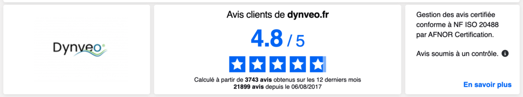 Mon avis produits Dynveo marque hauteur exigences avis clients consommateurs Avis Vérifiés Capture d'écran affichant la note Avis Vérifiés de la marque de compléments Dynveo
