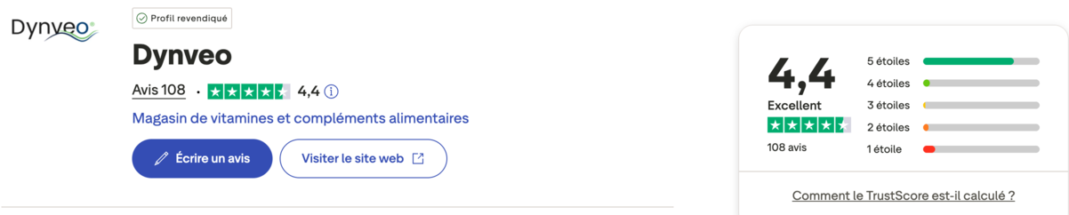 Mon avis produits Dynveo marque hauteur exigences avis clients consommateurs Trustpilot Capture d'écran affichant la note Trustpilot de la marque de compléments Dynveo