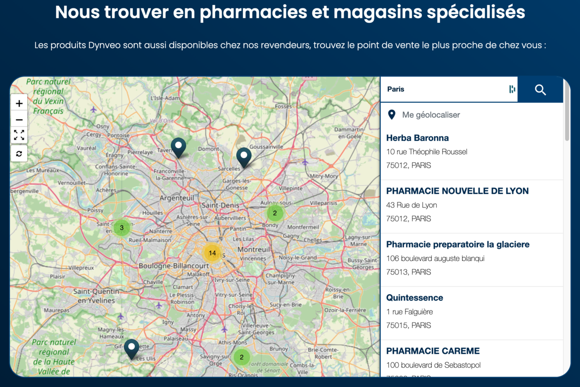 Mon avis produits Dynveo marque hauteur exigences pharmacies enseignes spécialisées magasins carte interactives Capture d'écran d'une carte interactive présentée sur le site de la marque Dynveo
