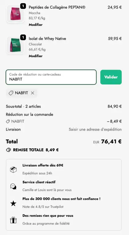 Capture d'écran indiquant l'endroit où saisir le code promo NabFit.fr (NABFIT) sur le site de GreenWhey