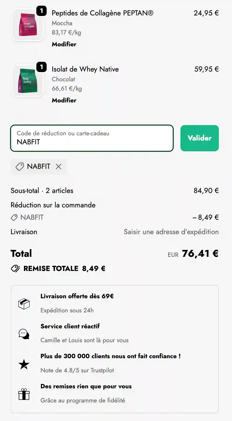 Capture d'écran indiquant l'endroit où saisir le code promo NabFit.fr (NABFIT) sur le site de GreenWhey