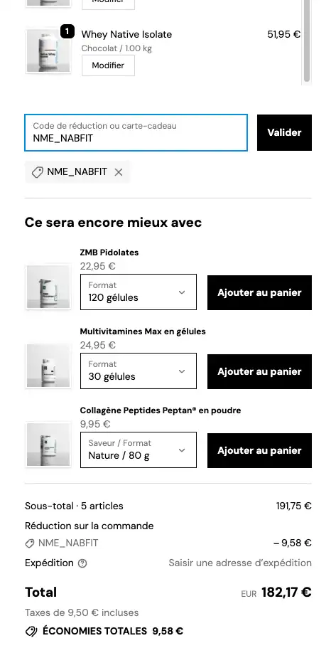 Capture d'écran indiquant l'endroit où saisir le code promo NabFit.fr (NME_NABFIT) sur le site Nutrimuscle (2)