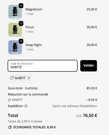 Capture d'écran indiquant l'endroit où saisir le code promo NabFit.fr (NABFIT) sur le site de Nutripreneur