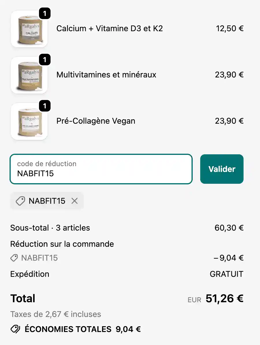 Capture d'écran indiquant l'endroit où saisir le code promo NabFit.fr (NABFIT15) sur le site de Argalys Essentiels