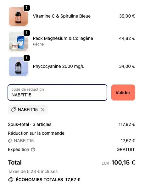 Capture d'écran indiquant l'endroit où saisir le code promo NabFit.fr (NABFIT15) sur le site de Performe.co