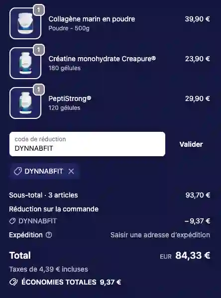 Capture d'écran indiquant l'endroit où saisir le code promo NabFit.fr (DYNNABFIT) sur le site de Dynveo