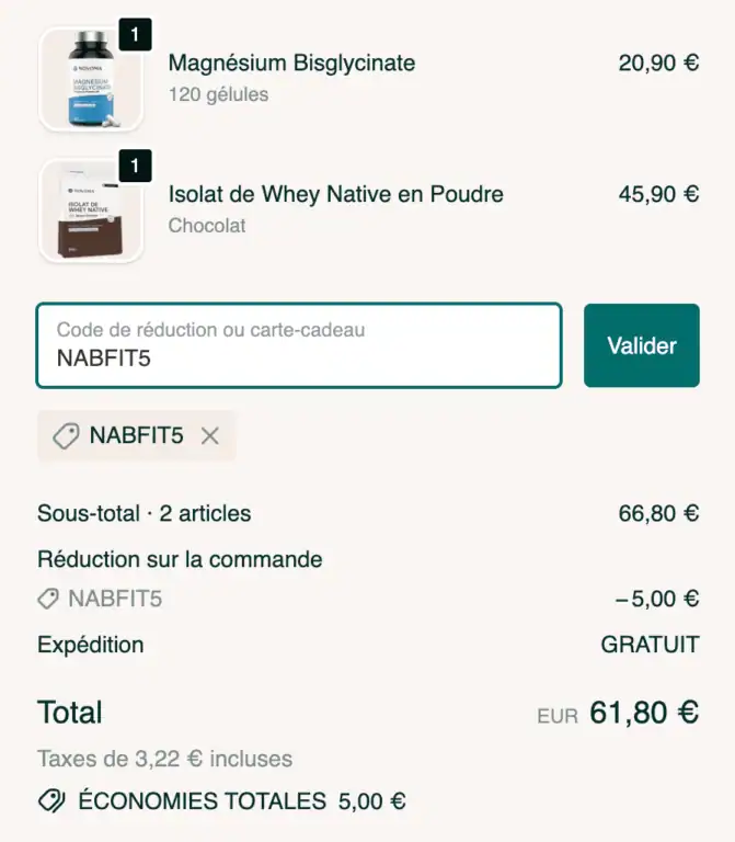 Capture d'écran indiquant l'endroit où saisir le code promo NabFit.fr (NABFIT5) sur le site de Novoma