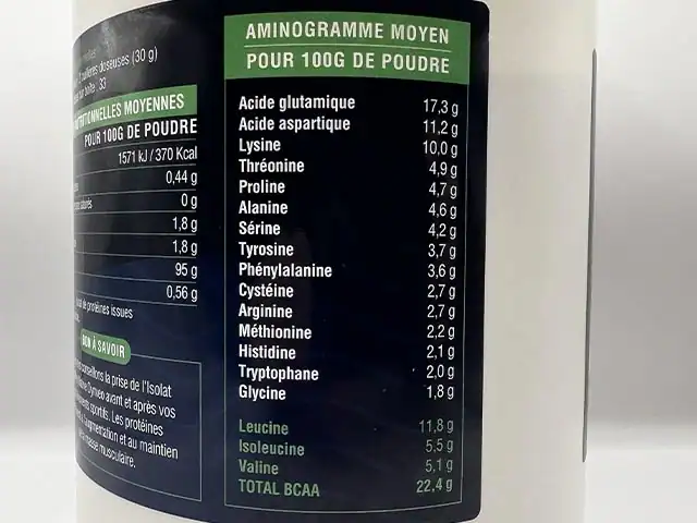 Photo personnelle NabFit.fr de l'aminogramme de l'Isolat de Whey Native de la marque de compléments Dynveo