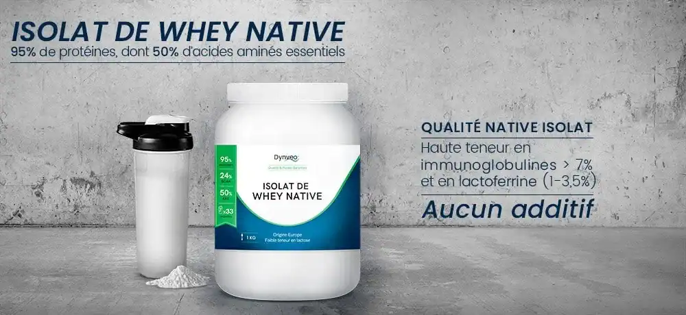 Illustration d'un pot d'Isolat Whey Native Dynveo mettant en avant les caractéristiques de ce complément