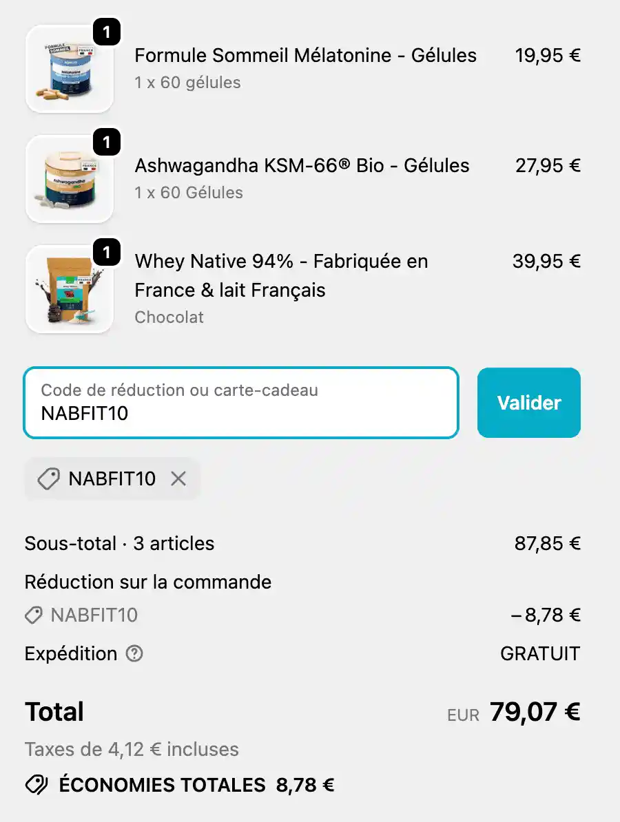 Capture d'écran indiquant l'endroit où saisir le code promo NabFit.fr (NABFIT10) sur le site AqeeLab Nutrition