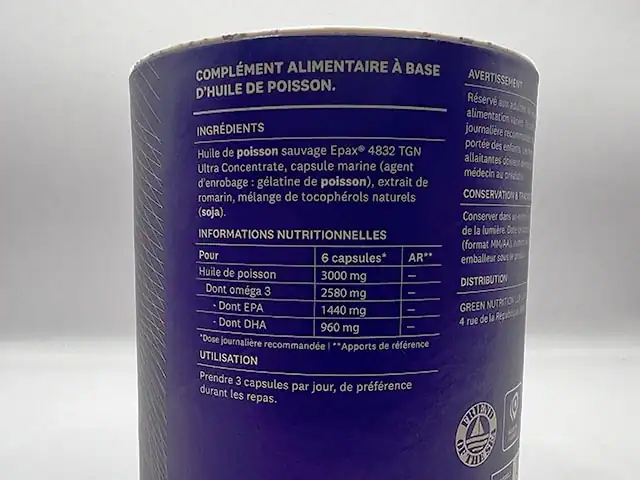 Photo personnelle NabFit.fr des valeurs nutritionnelles des Oméga 3 GreenWhey