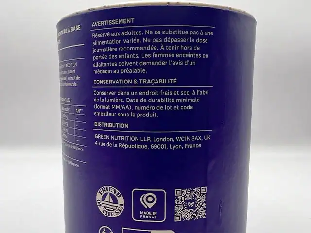 Photo personnelle NabFit.fr du côté du pot d'Oméga 3 GreenWhey avec la certification Friend of the Sea