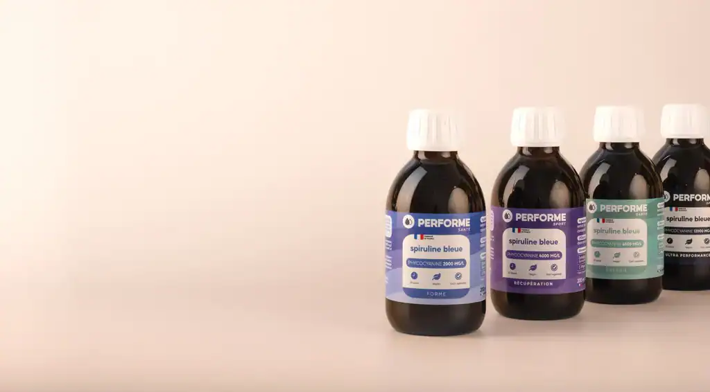 Produits Performe.co spiruline bleue phycocyanine Plusieurs produits à base de spiruline bleue de la marque de compléments Performe