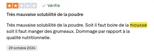 Capture d’écran Trustpilot avis client mécontent Whey Isolate Native Broadwhey Capture d'écran d'un avis Trustpilot datant du 22 mars 2024 au sujet de la solubilité de la Whey Isolate Native Broadwhey Nutrition