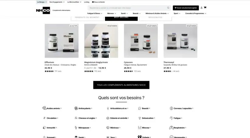 Capture d'écran de la page d'accueil du site de la marque de compléments alimentaires NHCO