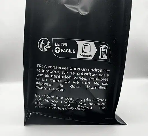 Whey-Isolate-Native-Broadwhey-Nutrition-saveurs-qualite-tracabilite-assurees-mon-test-avis-conservation-sachet-Doypack-ecoresponsable recyclable Photo personnelle NabFit.fr du paquet de Whey Isolate Native Broadwhey Nutrition, indiquant les instruction de tri/recyclage