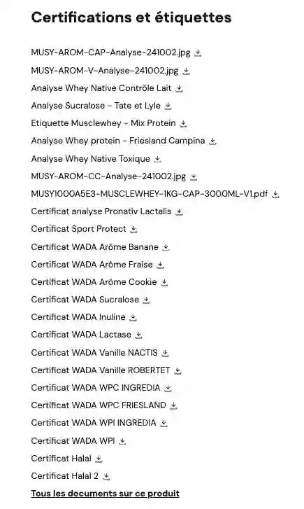 Nutrimuscle avis présentation opinion personnelle marque historique française certificats Capture d'écran du site de la marque de de compléments Nutrimuscle affichant le nombre de certificats pour un produit