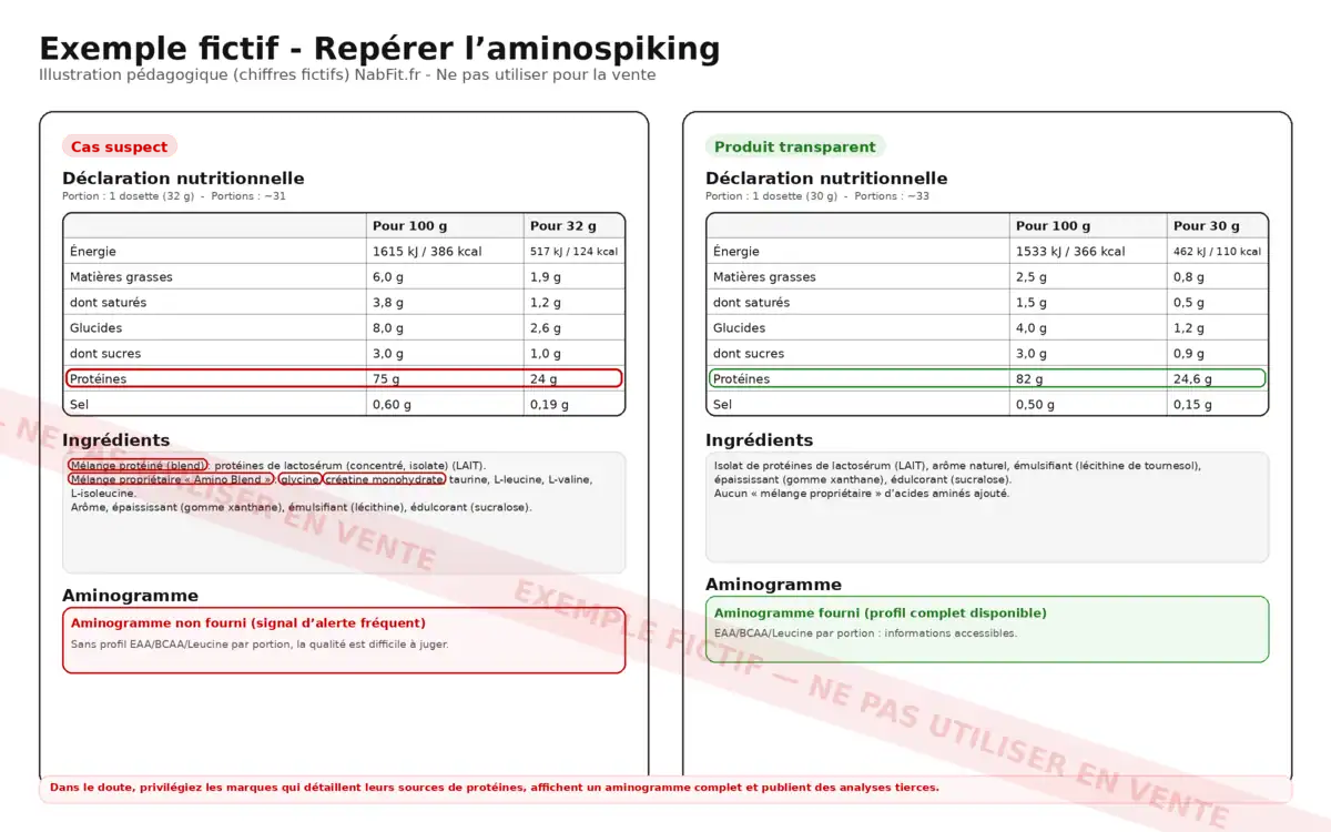 Infographie NabFit.fr comparant une whey suspecte et une whey transparente pour repérer l’aminospiking
