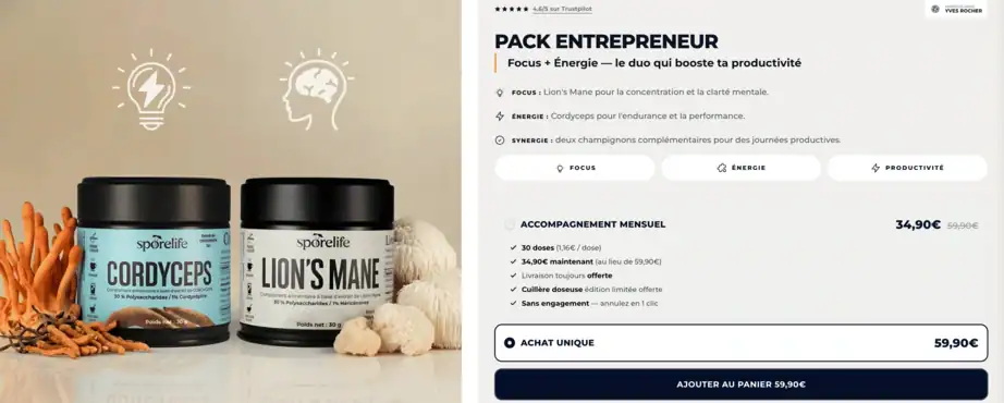 Capture d'écran du site internet SporeLife d'un pack comprenant le Lion's Mane et le Cordyceps