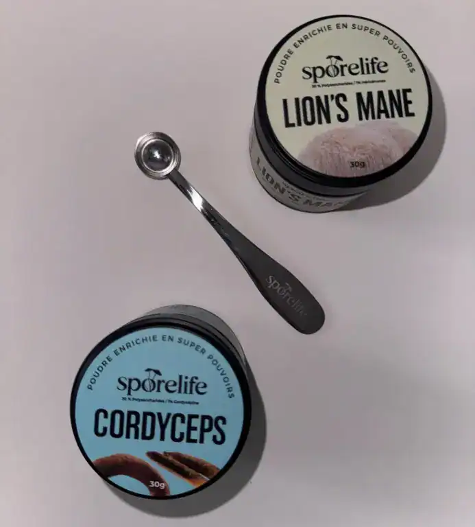 Photo personnelle NabFit.fr d'extraits de Cordyceps et Lion's Mane, accompagné du doseur SporeLife