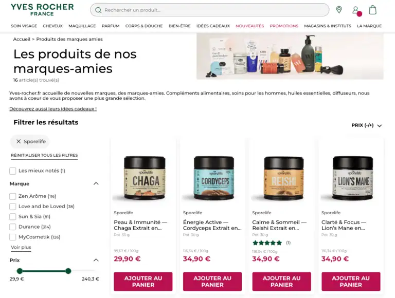 Capture d'écran du site partenaire Yves Rocher avec les produits SporeLife