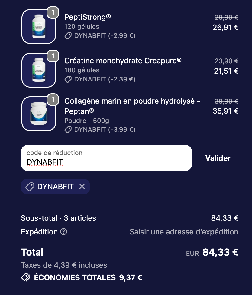 Capture d'écran indiquant l'endroit où saisir le code promo NabFit.fr (DYNABFIT) sur le site de Dynveo