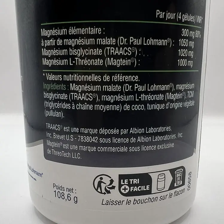 Photo personnelle NabFit.fr de l'arrière du pot du Complexe Magnésium 360 de la marque de compléments alimentaires Dynveo