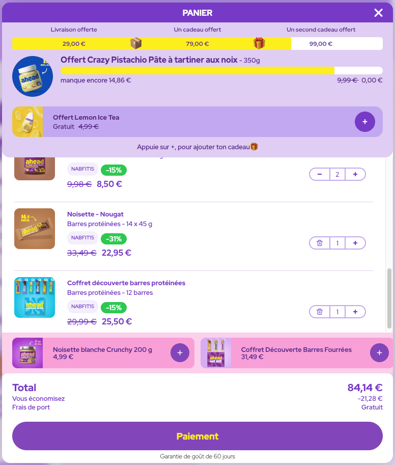 Capture d'écran du site de la marque Ahead nutrition, démonstration de la validité du code promo NABFIT15