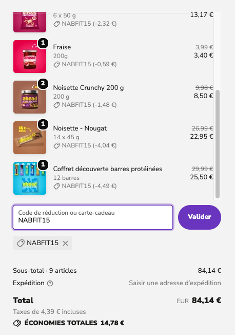 Capture d'écran du site de la marque Ahead nutrition, démonstration de la validité du code promo NABFIT15