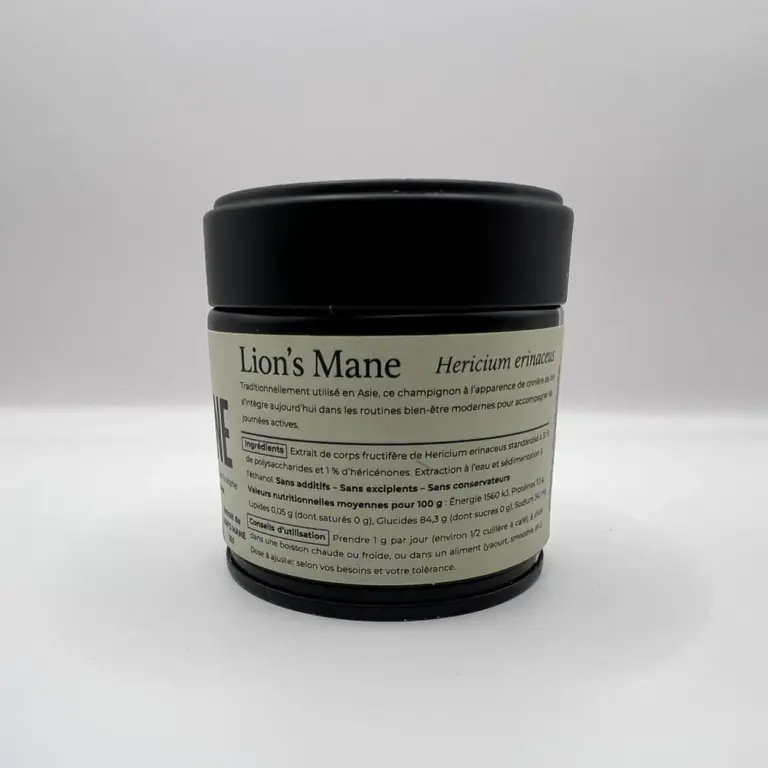 Arrière du pot de Lion's Mane de la marque SporeLife mettant en avant les ingrédients contenus