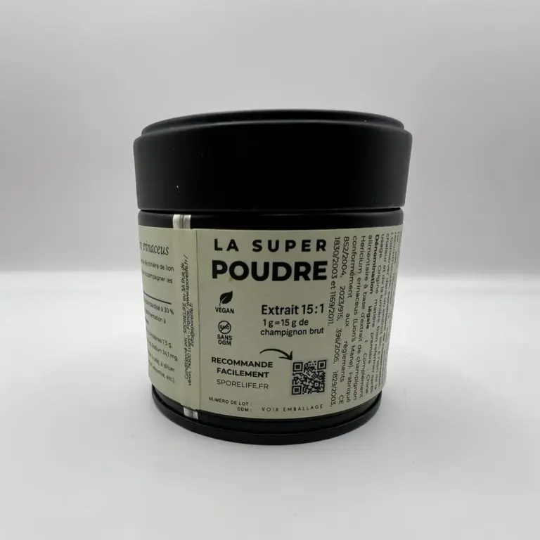 Photo personnelle NabFit.fr du côté du pot de Lion's Mane de la marque SporeLife avec la mention du ratio 15:1