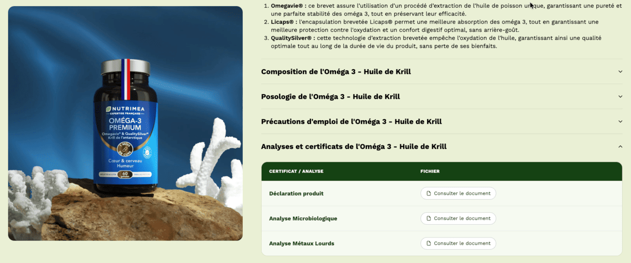 Nutrimea avis référence marques compléments alimentaires généralistes analyses publiées fiches produits Capture d'écran de la fiche produit « Oméga 3 - Huile de Krill » de la marque de compléments alimentaires Nutrimea, affichant les analyses et certificats