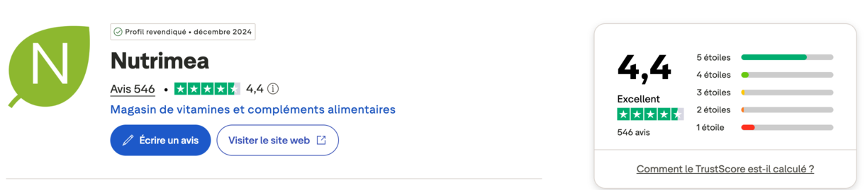 Nutrimea avis référence marques compléments alimentaires généralistes avis client Trustpilot Capture d'écran de la page Nutrimea sur le site internet Trustpilot affichant la note de la marque