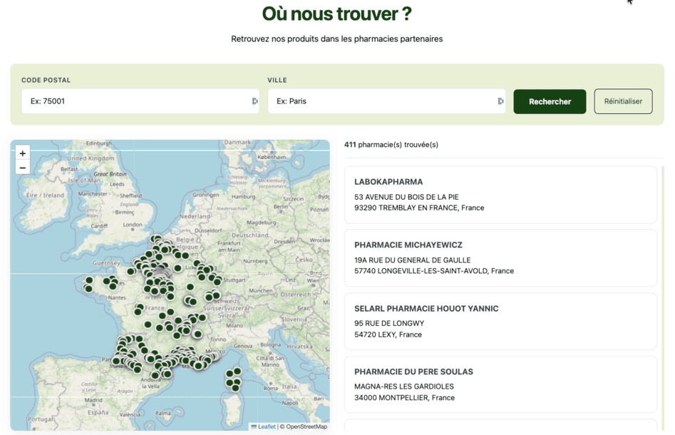 Nutrimea avis référence marques compléments alimentaires généralistes est aussi en pharmacie Capture d'écran de la page « Où nous trouver ? » du site de la marque de compléments alimentaires Nutrimea