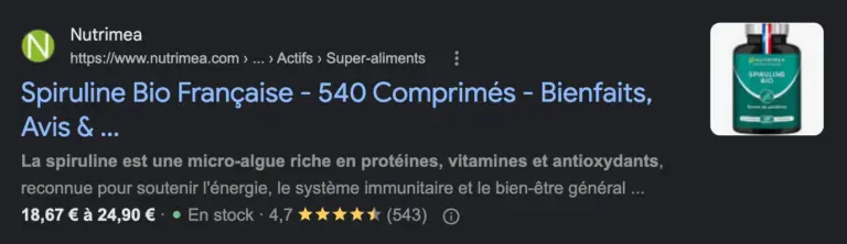 Nutrimea avis référence marques compléments alimentaires généralistes étiquette titres à mettre cohérence Capture d'écran d'une page de résultats de recherche mettant en avant la spiruline de la marque Nutrimea