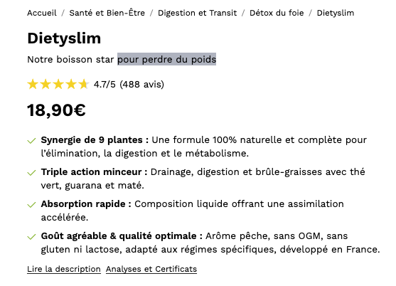 Nutrimea avis référence marques compléments alimentaires généralistes famille minceur contradiction sérieux revendiqué Capture d'écran de la fiche produit « Dietyslim » de la marque de compléments alimentaires Nutrimea