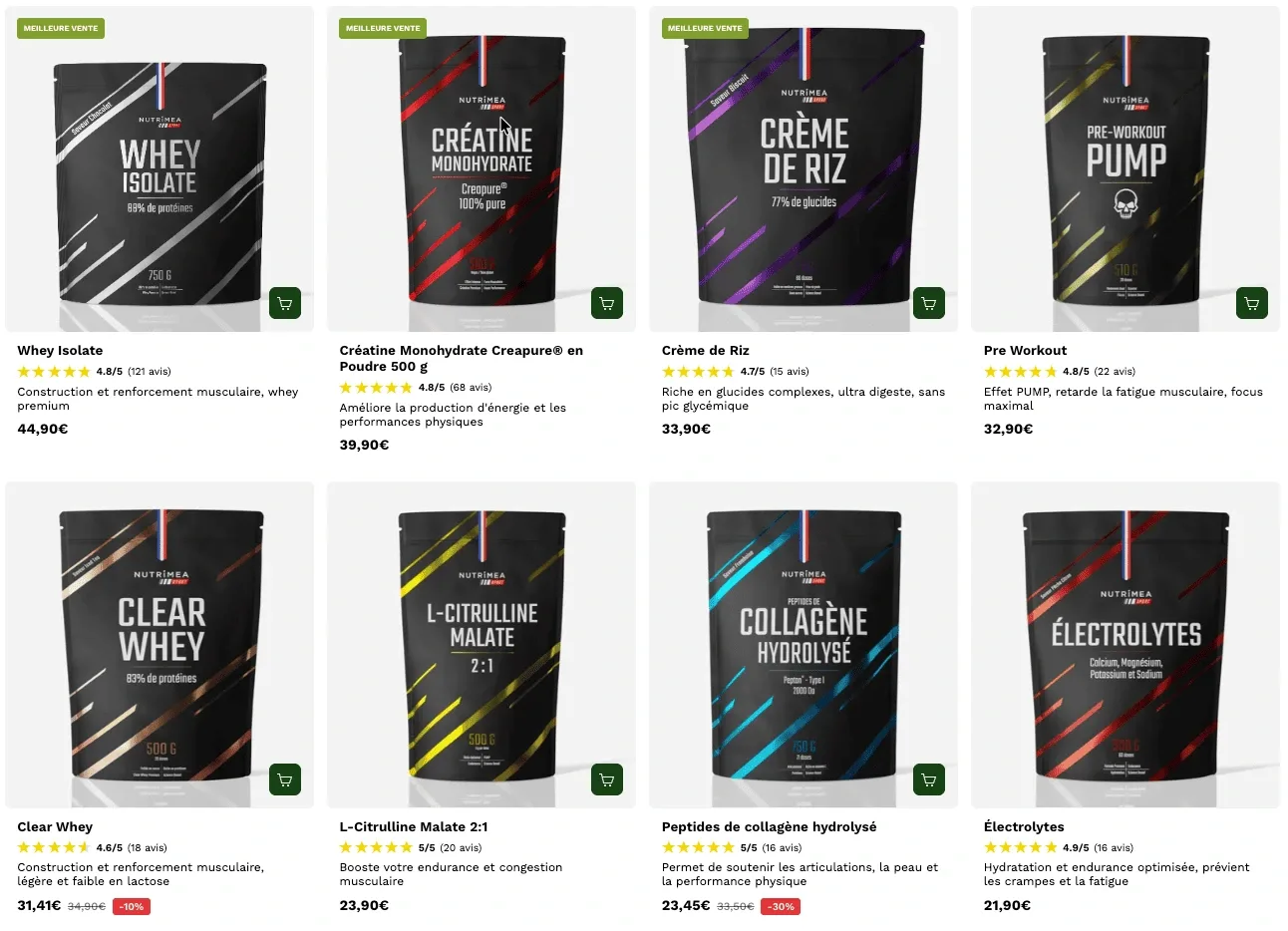 Nutrimea avis référence marques compléments alimentaires généralistes gamme sport Capture d'écran d'une partie de la gamme « Sport » du site de la marque de compléments alimentaires Nutrimea (Source : site internet Nutrimea)