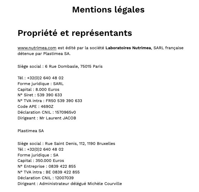 Nutrimea avis référence marques compléments alimentaires généralistes présentation mentions légales Capture d'écran d'un extrait des mentions légales du site de la marque de compléments alimentaires Nutrimea
