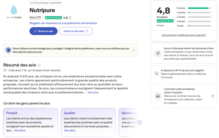 Capture d'écran de la page de la marque Nutripure sur le site d'avis clients en ligne Trustpilot