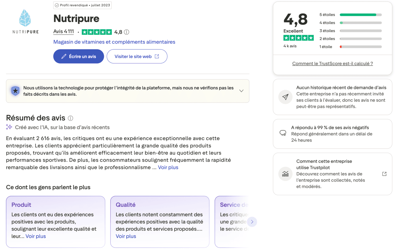 Nutripure ou GreenWhey laquelle marques premium choisir retours clients avis consommateurs Capture d'écran de la page de la marque Nutripure sur le site d'avis clients en ligne Trustpilot