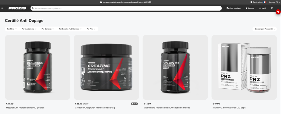 Capture d'écran du site Prozis montrant plusieurs compléments alimentaires certifiés sans substance dopante