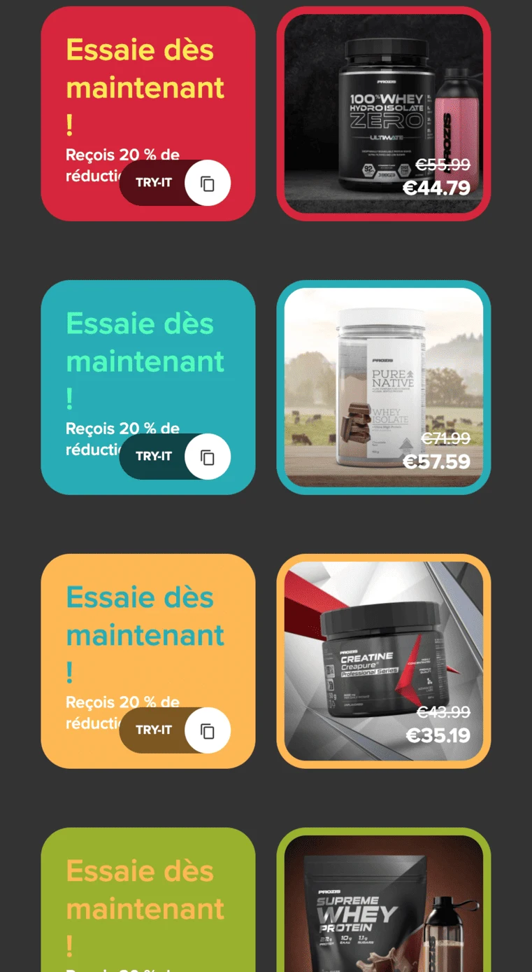 Capture d'écran du site Prozis montrant des réductions aux membres connectés sur son site